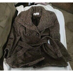 Calvin Klein Brown Tweed Double Breasted Belted Wool Blend Coat Size 10